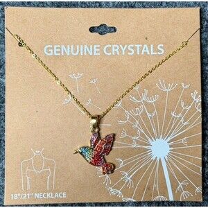 Rainbow Crystal Hummingbird Pendant Necklace Gold Tone Chain NWT 18"-21" Adjusta